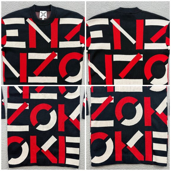 Kenzo Sweater Dress Womens Extra Small XS Navy Blue Red Monogram All Over Print - Picture 5 of 9